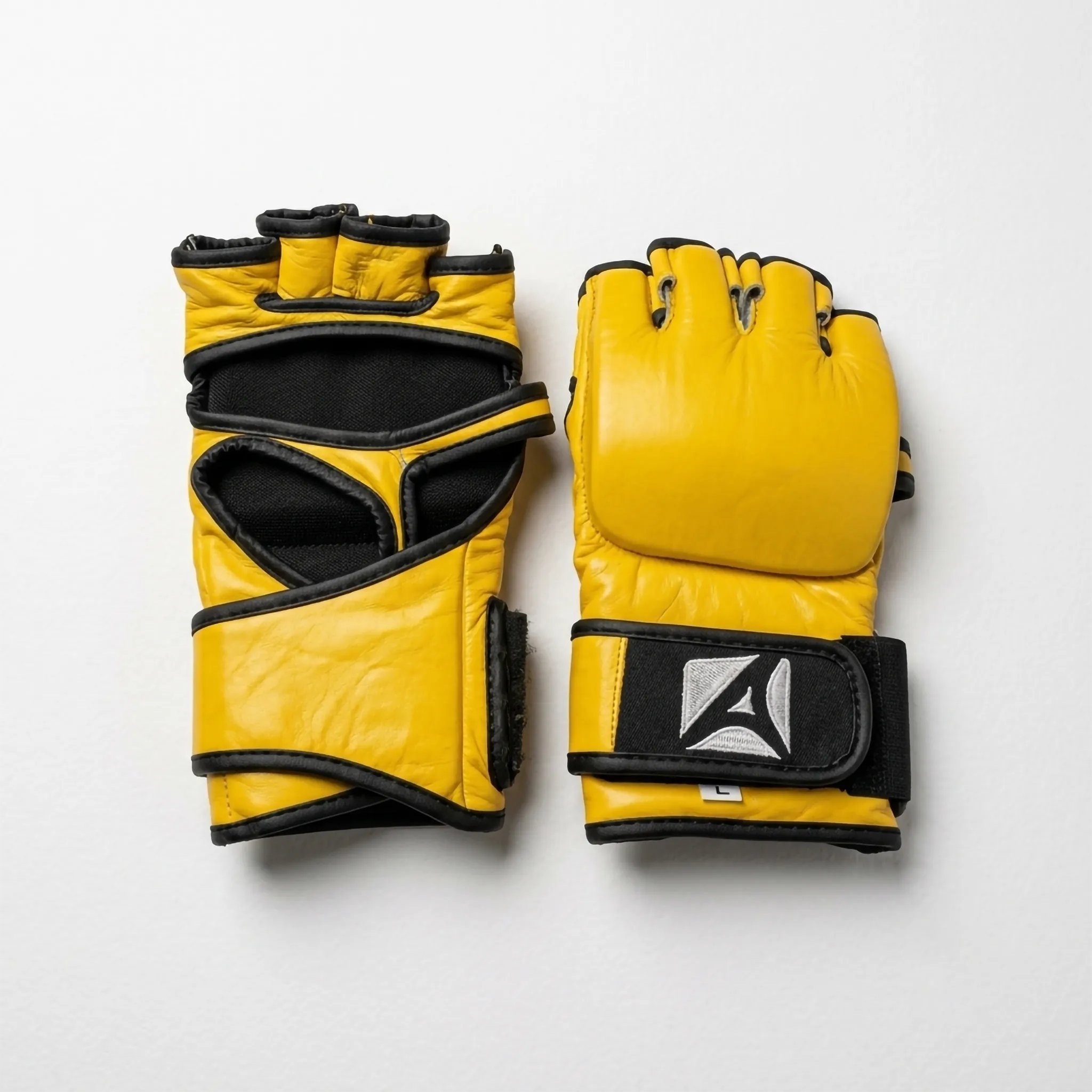 Yellow leather open palm MMA fight gloves